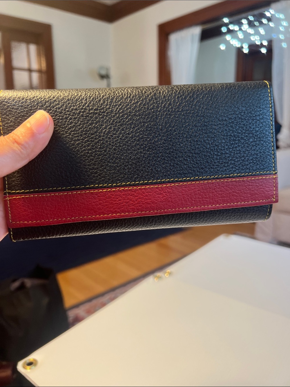 Black  100% Leather Trifold Wallet with Red Accent brown stitch